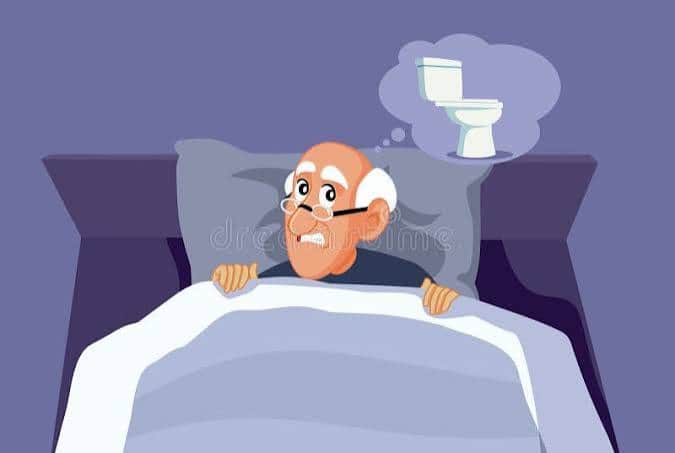 Elderly man lying awake in bed at night with disturbed sleep, thinking about going to the toilet due to frequent nighttime urination (nocturia).