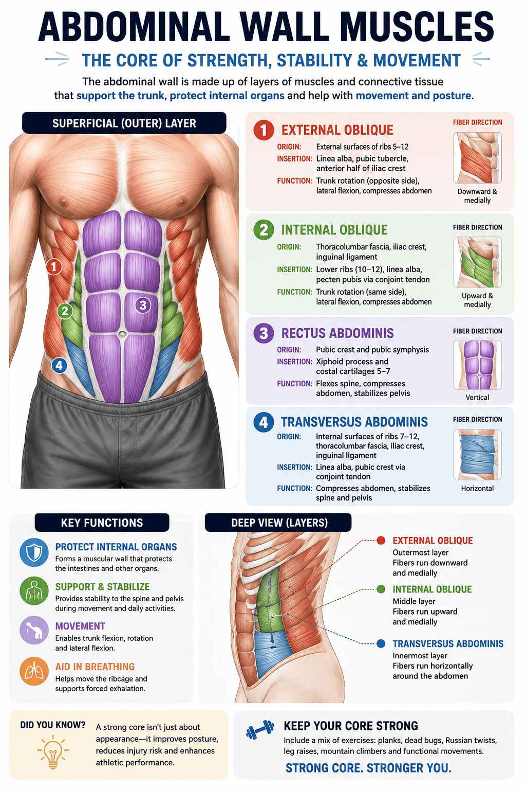 Anatomy diagram of abdominal wall muscles front view showing core muscle layers