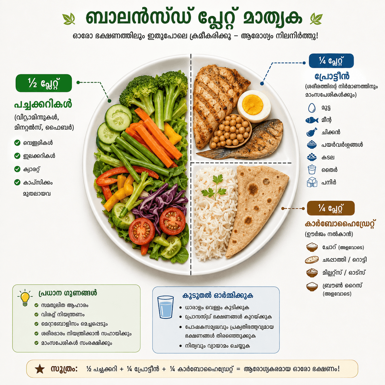 Balanced diet plate infographic showing protein carbohydrates and vegetables for fat loss
