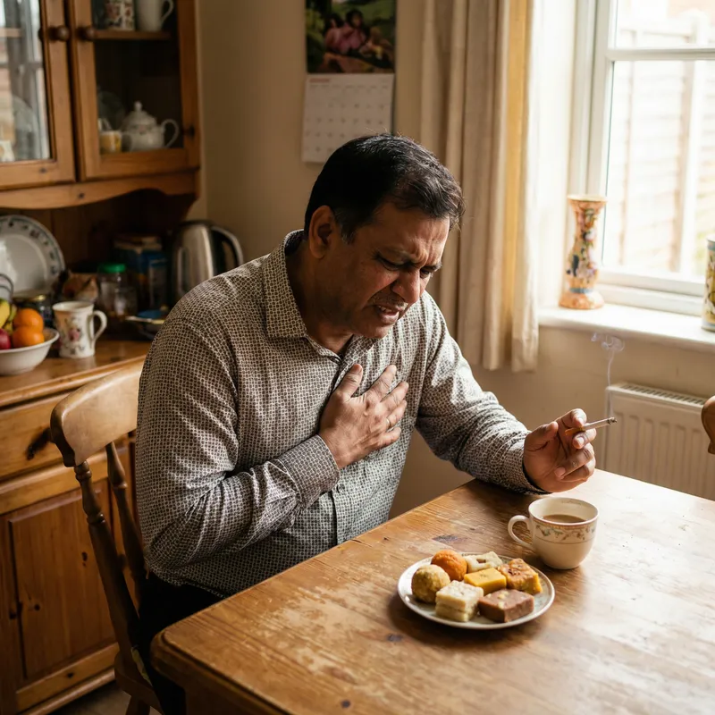 Man experiencing chest pain while sitting at a dining table during a meal, illustrating angina or cardiac distress. Title: Man Experiencing Chest Pain While Eating at Dining Table