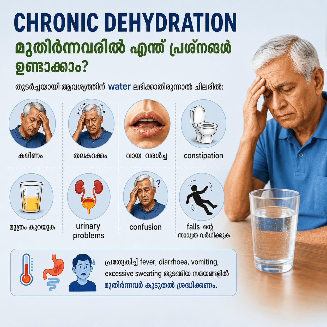 Infographic highlighting chronic dehydration risks in elderly adults and daily water intake tips.