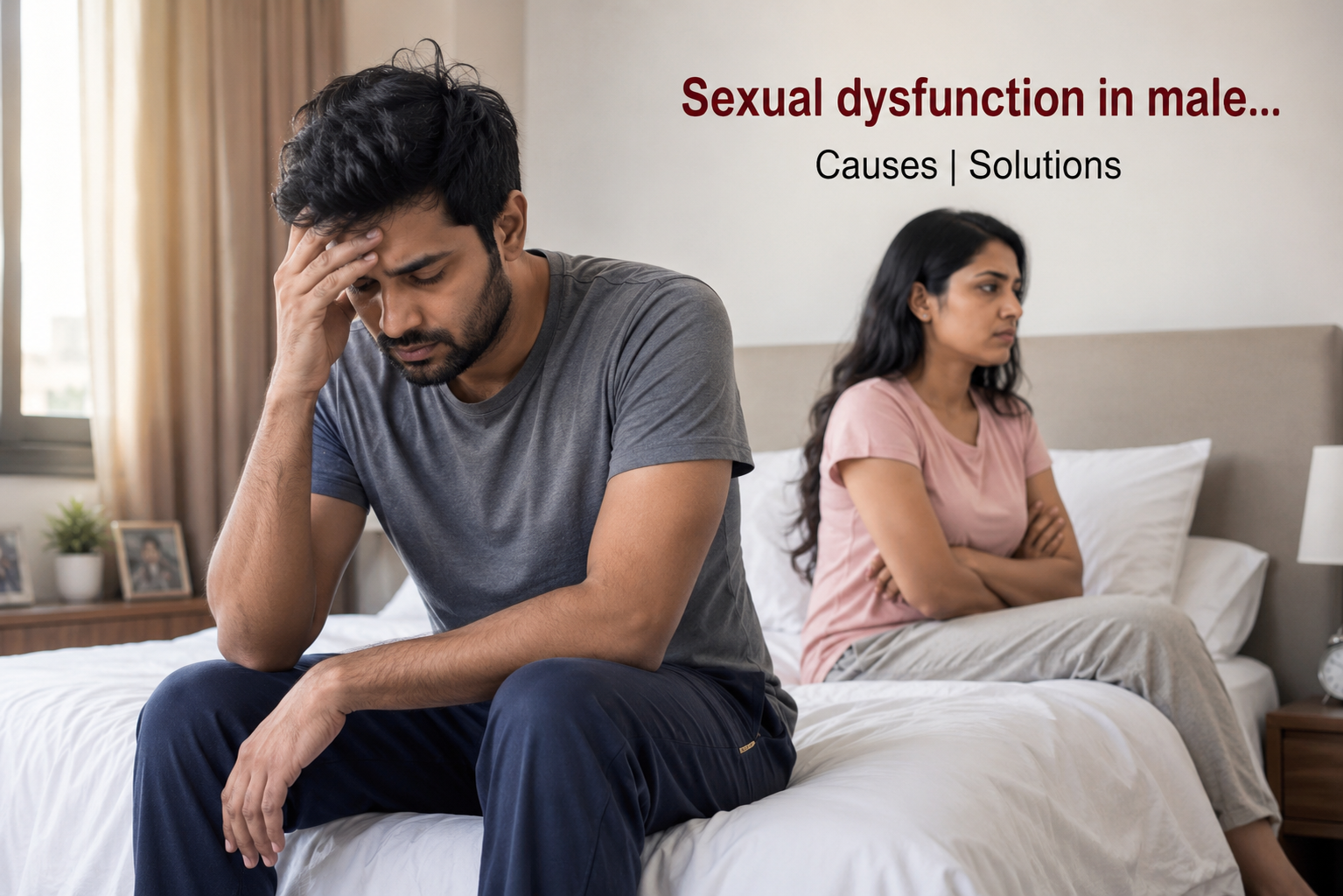 Indian man with erectile dysfunction feeling distressed while partner sits on bed, illustrating relationship challenges caused by erectile dysfunction.