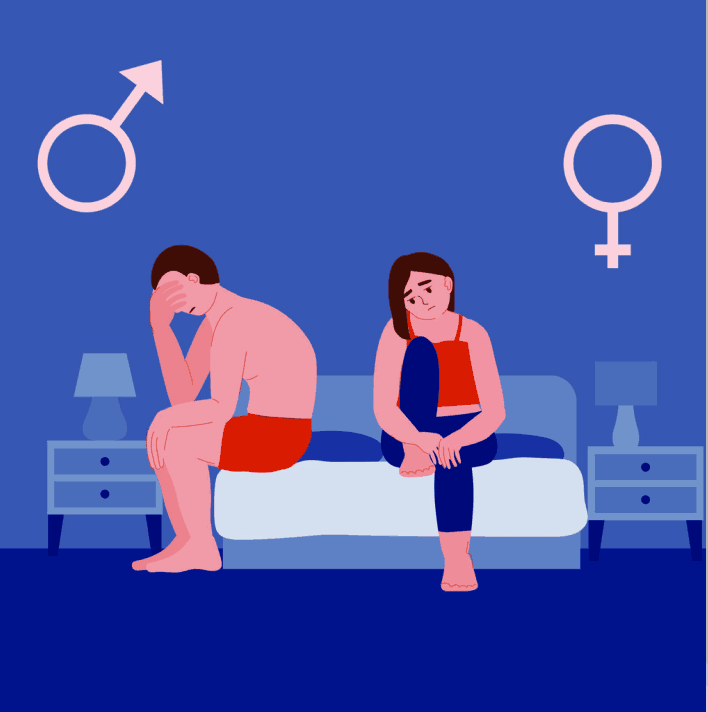 man with erectile dysfunction feeling distressed while partner sits on bed, illustrating relationship challenges caused by erectile dysfunction.