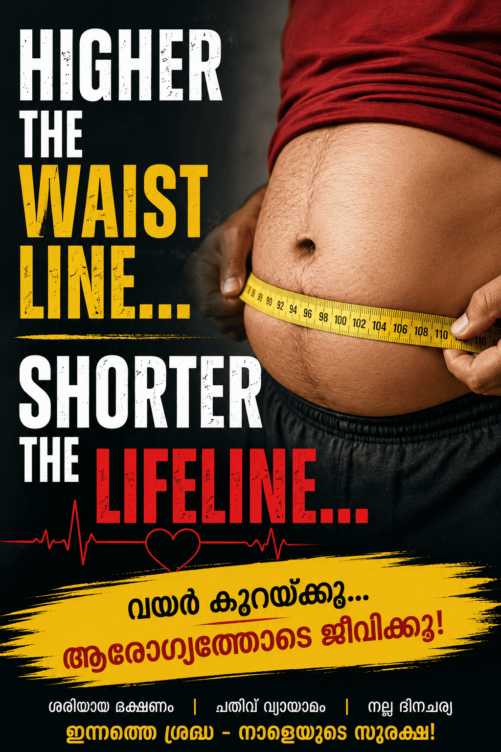 Illustration warning higher waistline shorter lifeline for belly fat risk awareness