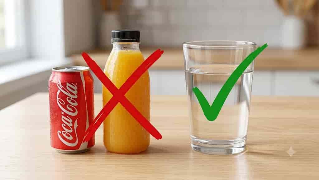Illustration comparing unhealthy cola with a large red X versus healthy water with a green checkmark for belly fat reduction
