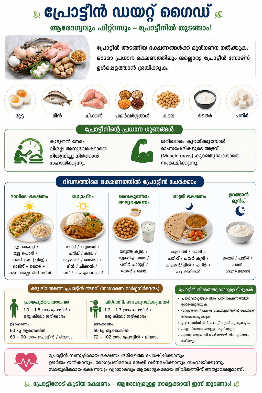 Protein rich diet sources for belly fat loss infographic in Malayalam