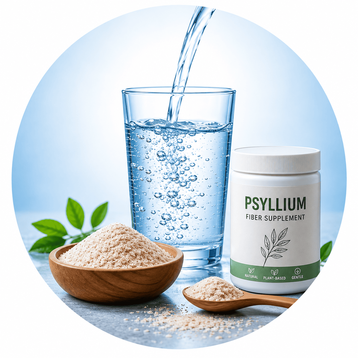 Infographic explaining how psyllium husk fiber works with water intake for constipation relief.