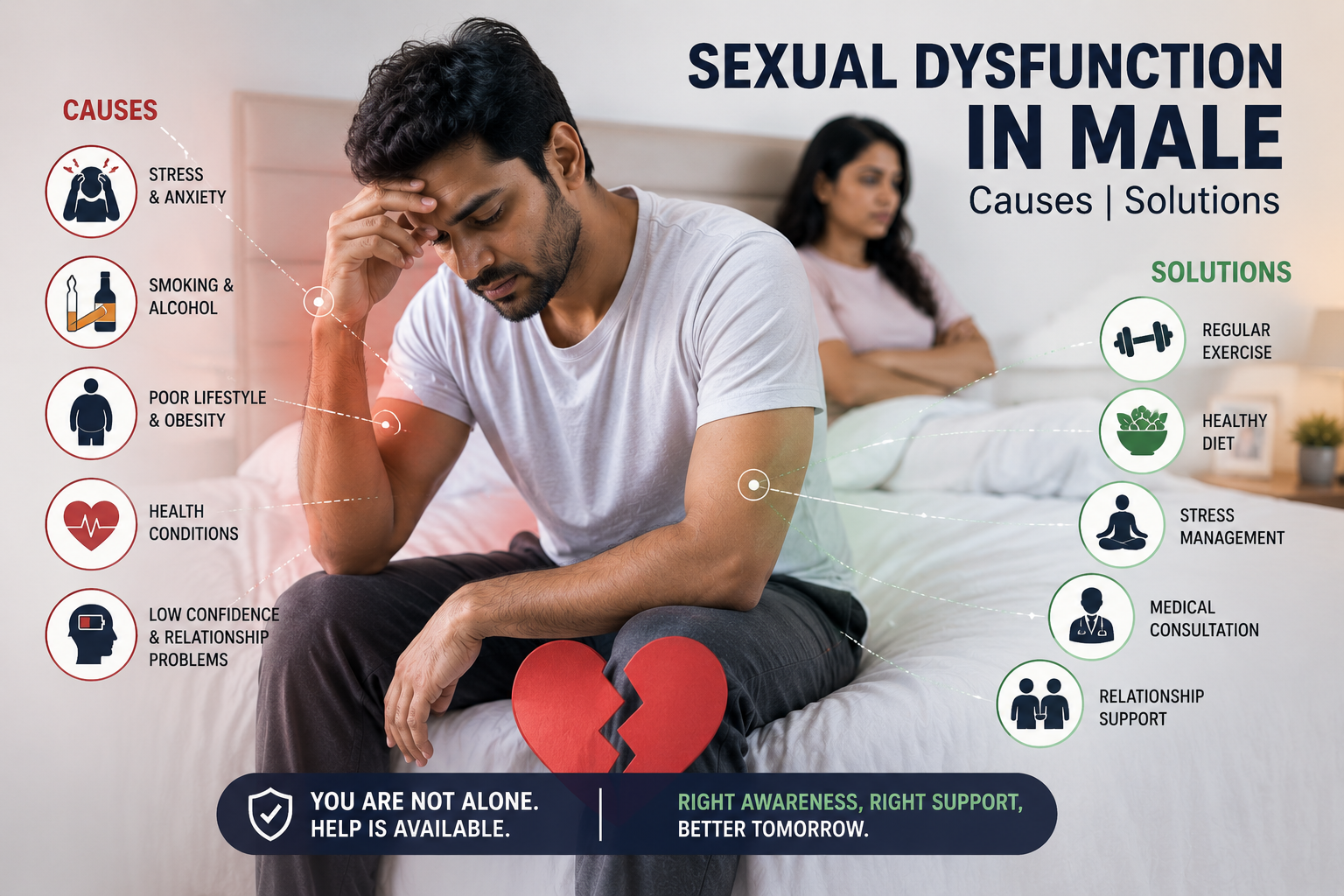 Illustration of an Indian couple depicting male sexual dysfunction with common causes including stress, obesity, smoking, medical conditions, and treatment options such as exercise, healthy diet, stress management, and medical consultation.