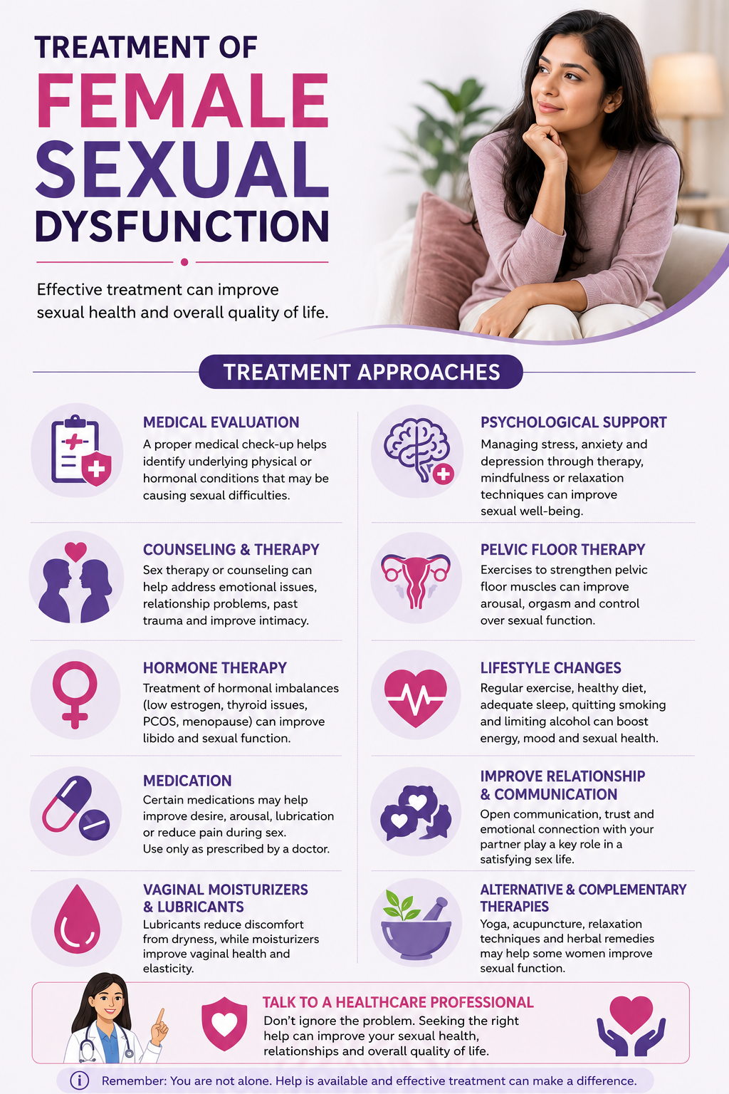 Infographic detailing treatment options, therapies, and medical care for female sexual dysfunction