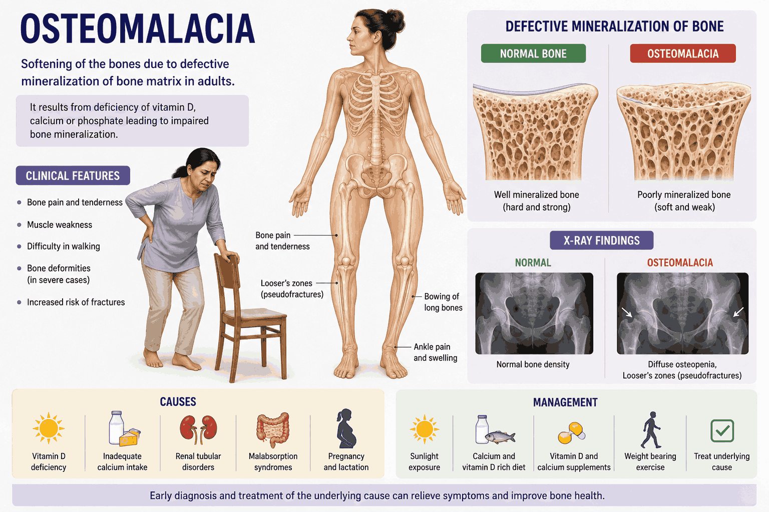 Medical illustration showing Osteomalacia and bone weakening in adults caused by Vitamin D deficiency