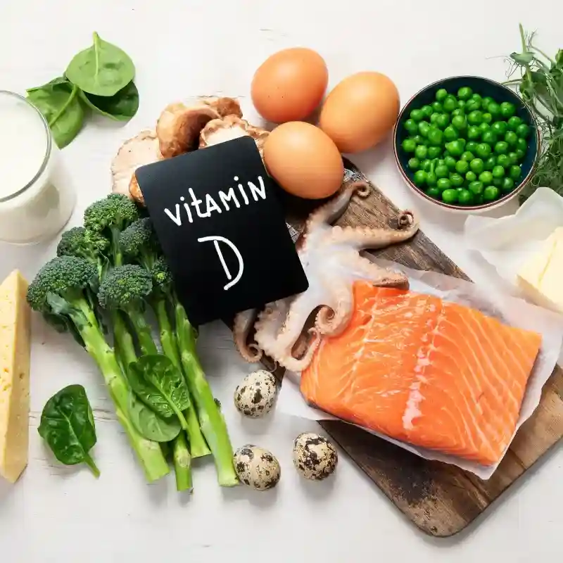 Selection of Vitamin D rich foods including eggs, salmon, fatty fish, mushrooms, milk, and spinach surrounding a Vitamin D label