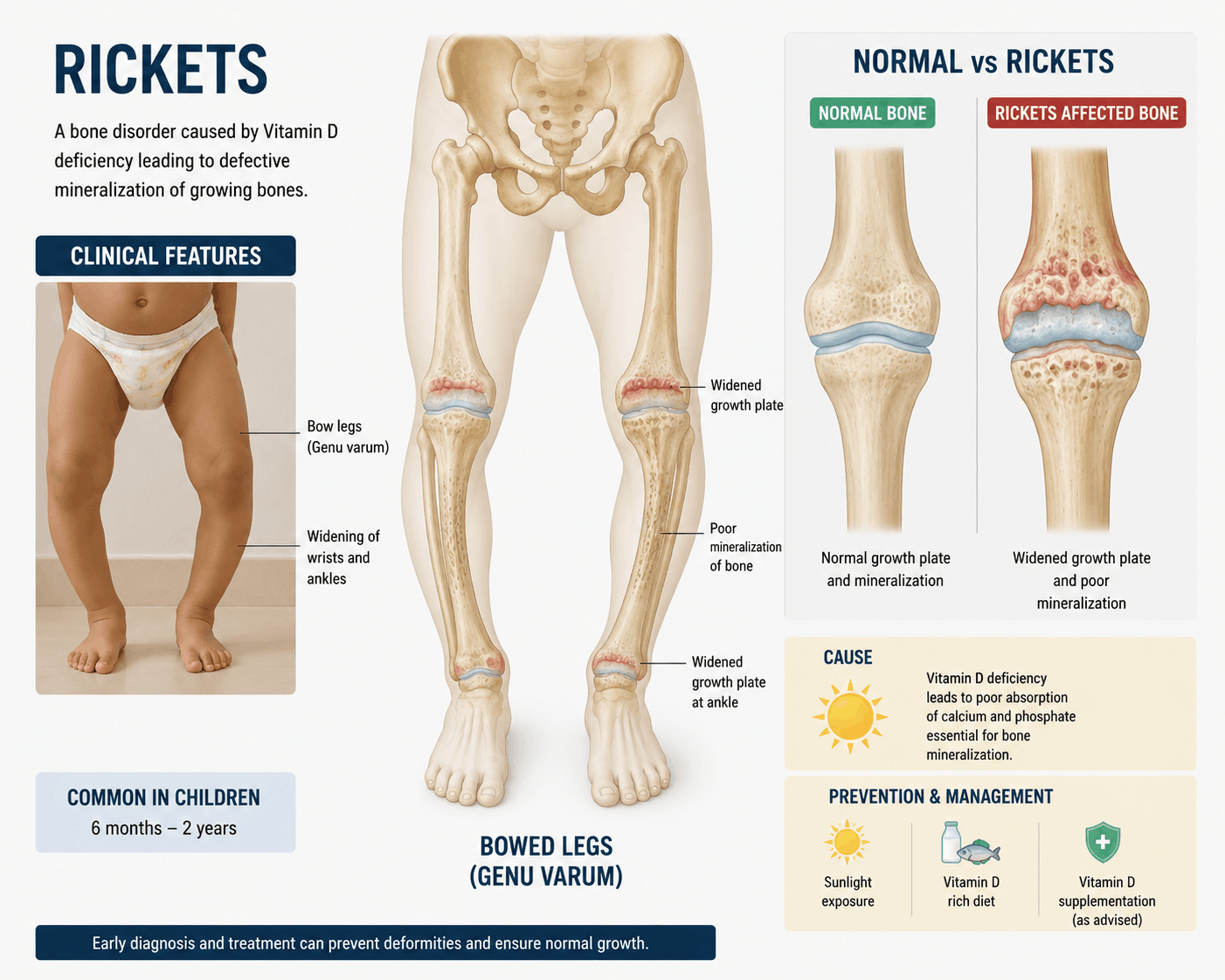 Medical illustration showing rickets and bone deformities caused by severe Vitamin D deficiency in children