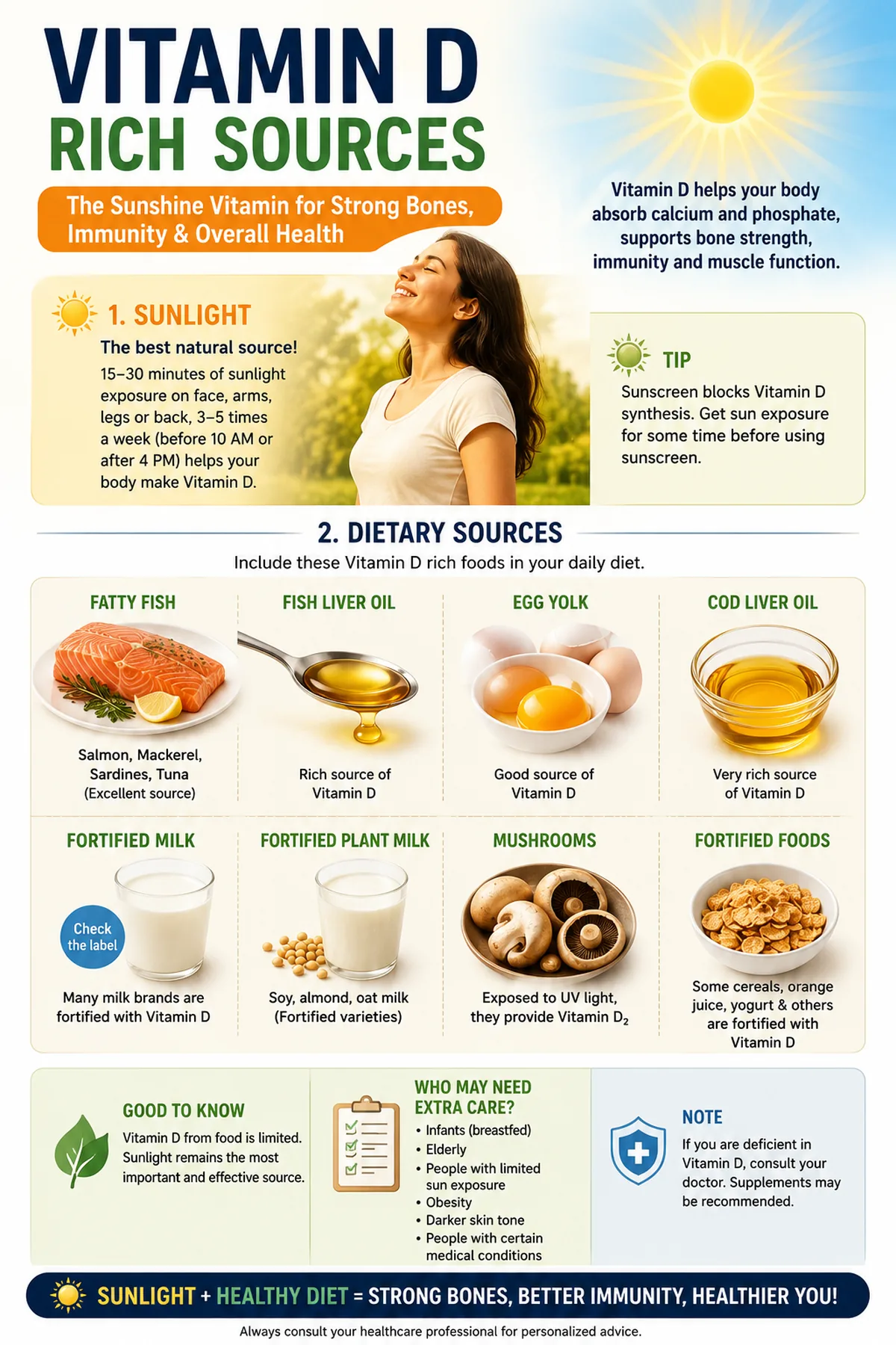Top view layout of Vitamin D rich foods including eggs, salmon, fatty fish, mushrooms, milk, and spinach surrounding a blackboard with 'Vitamin D' text.