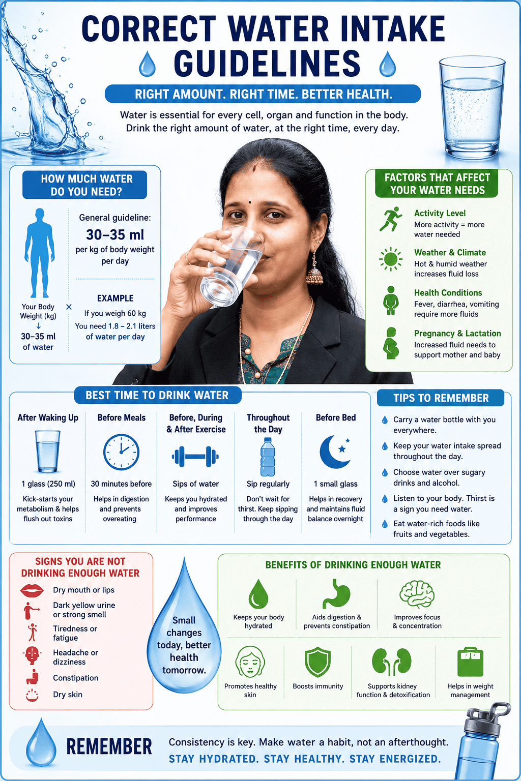 Water intake per day guidelines infographic for weight loss and hydration rules
