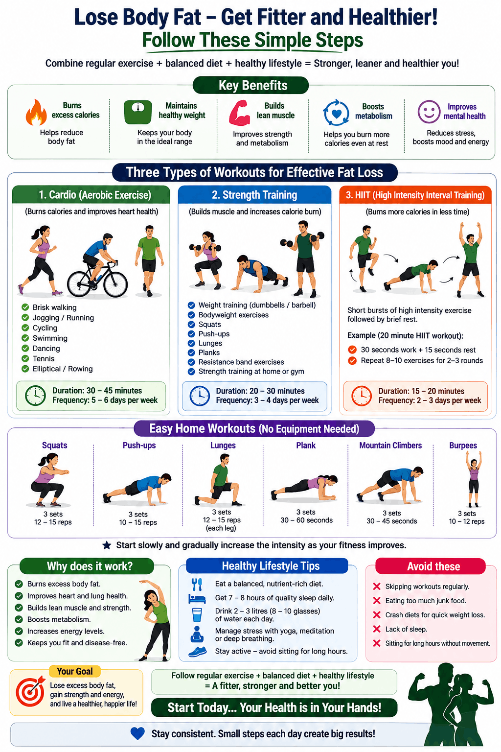 Workout routines and exercises for belly fat loss illustration