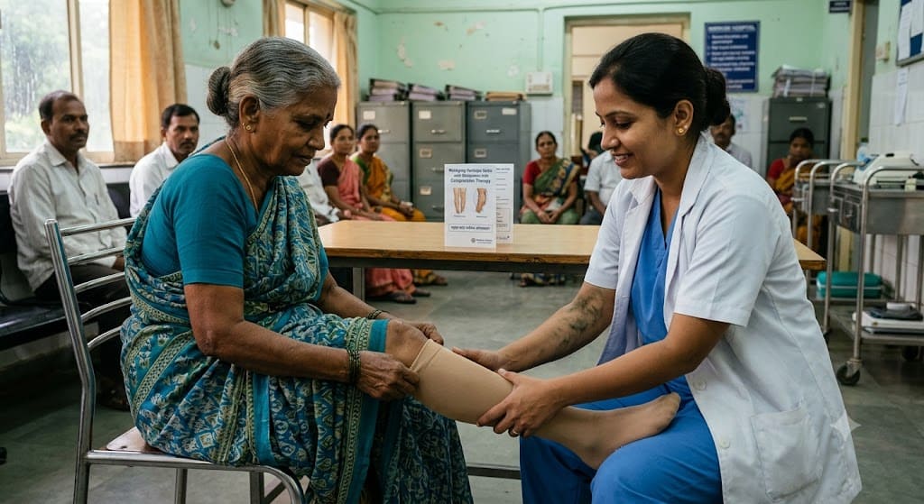 Indian female doctor helping an elderly woman wear a compression stocking for varicose vein treatment in a clinic.