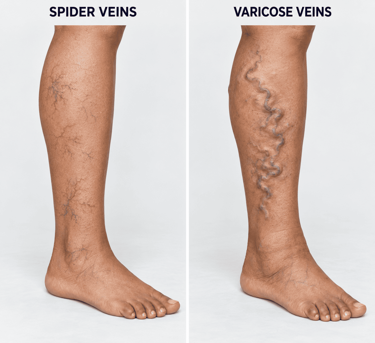 Comparison showing spider veins and enlarged varicose veins on lower legs