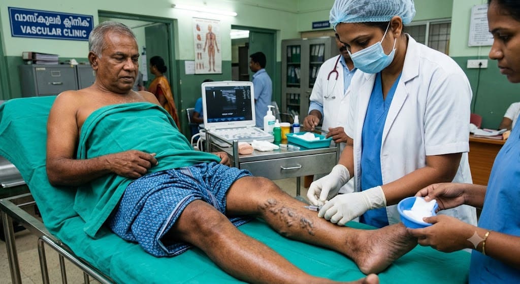 Doctor performing sclerotherapy treatment for varicose veins in a medical clinic