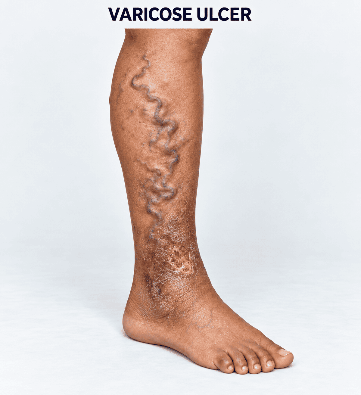 Severe varicose vein ulcer showing open skin sore and hyperpigmentation on the lower leg