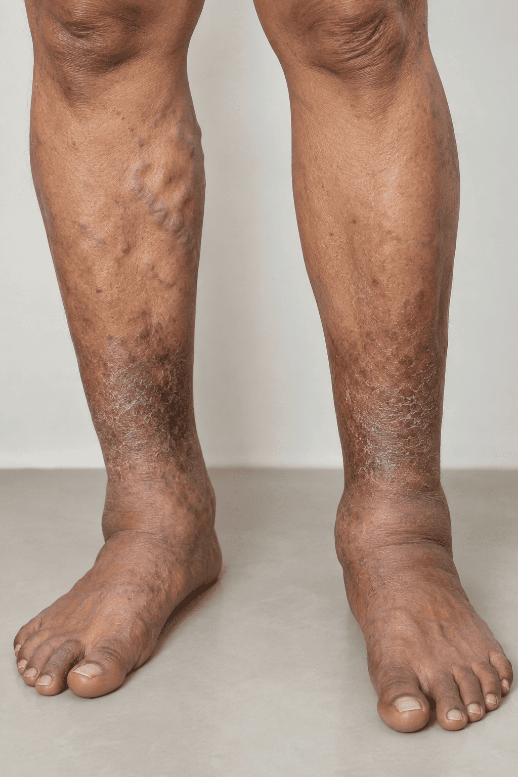 Varicose veins with stasis dermatitis showing hyperpigmentation, skin discoloration, and swelling on lower legs